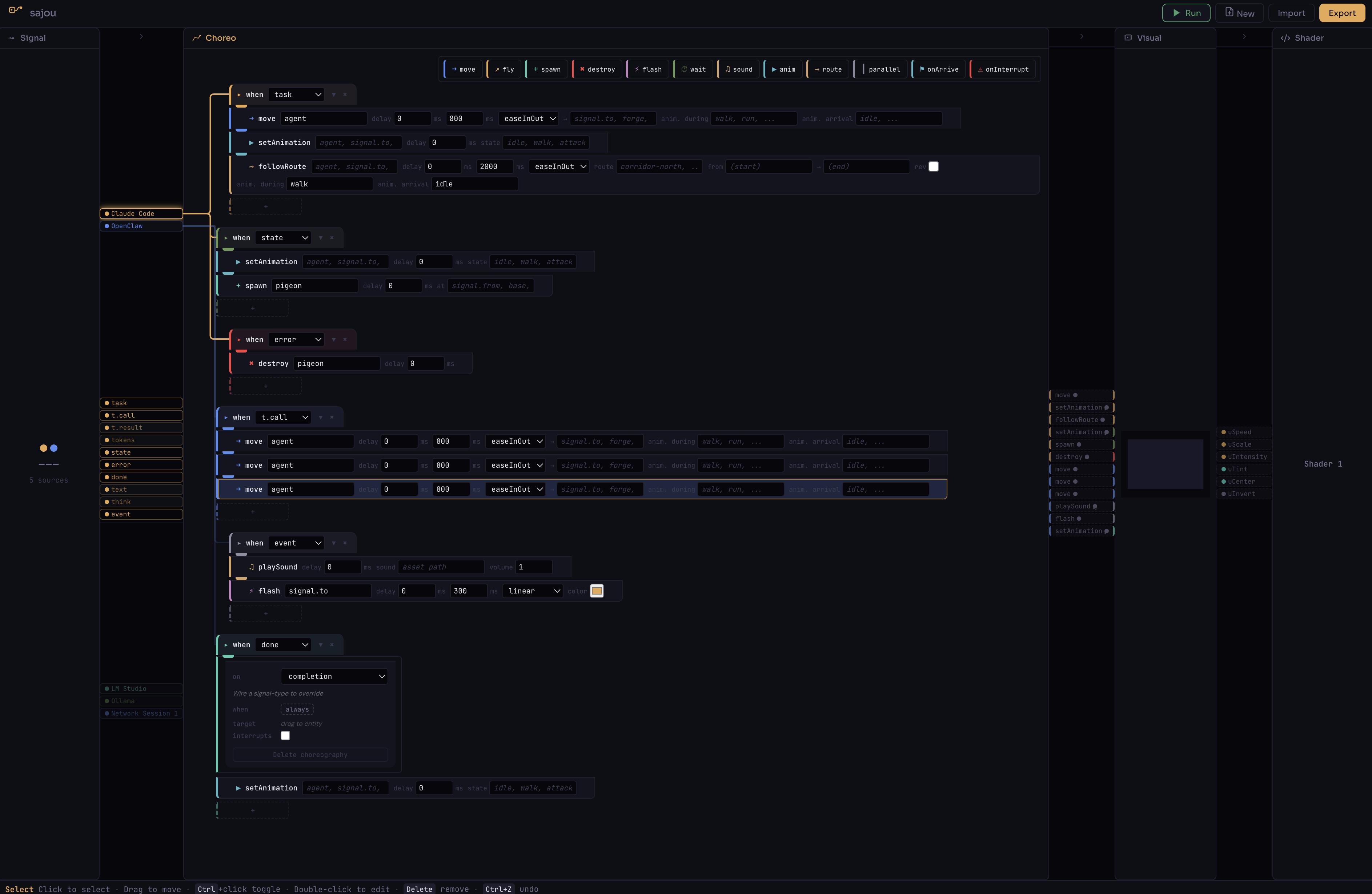 Choreography editor with trigger blocks, action chains, and wiring connections