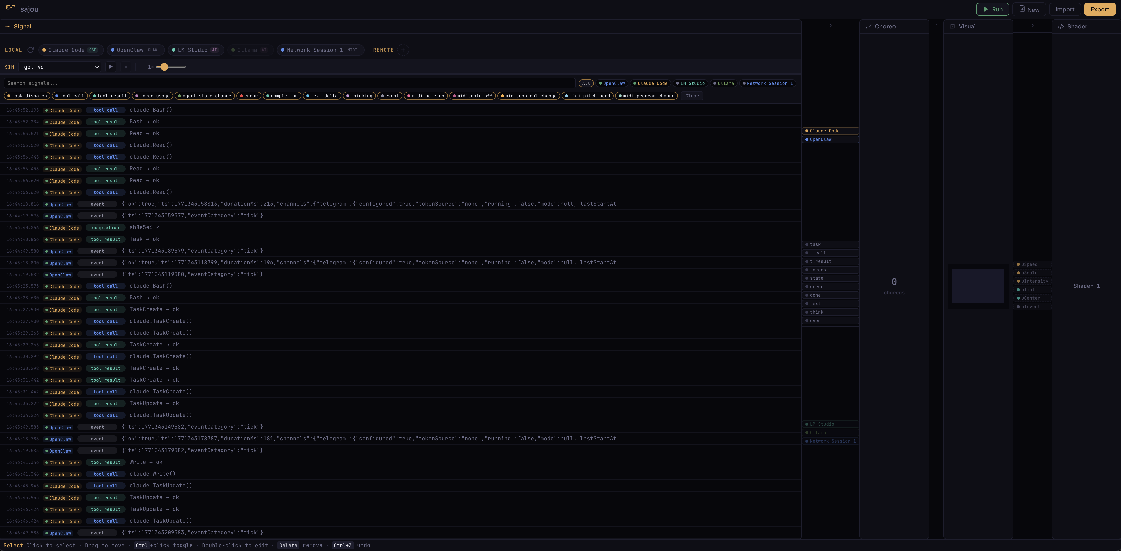 Signal panel with live Claude Code event stream, type badges, and source filters