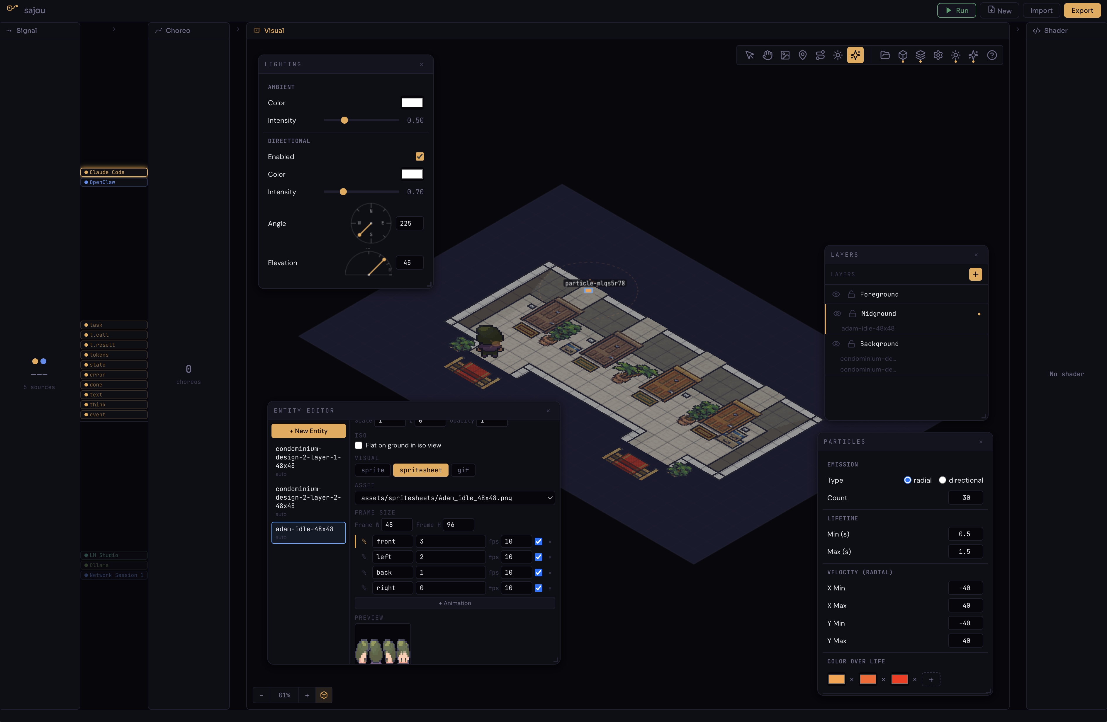 sajou scene-builder workspace with isometric scene, lighting panel, entity palette, and particle settings
