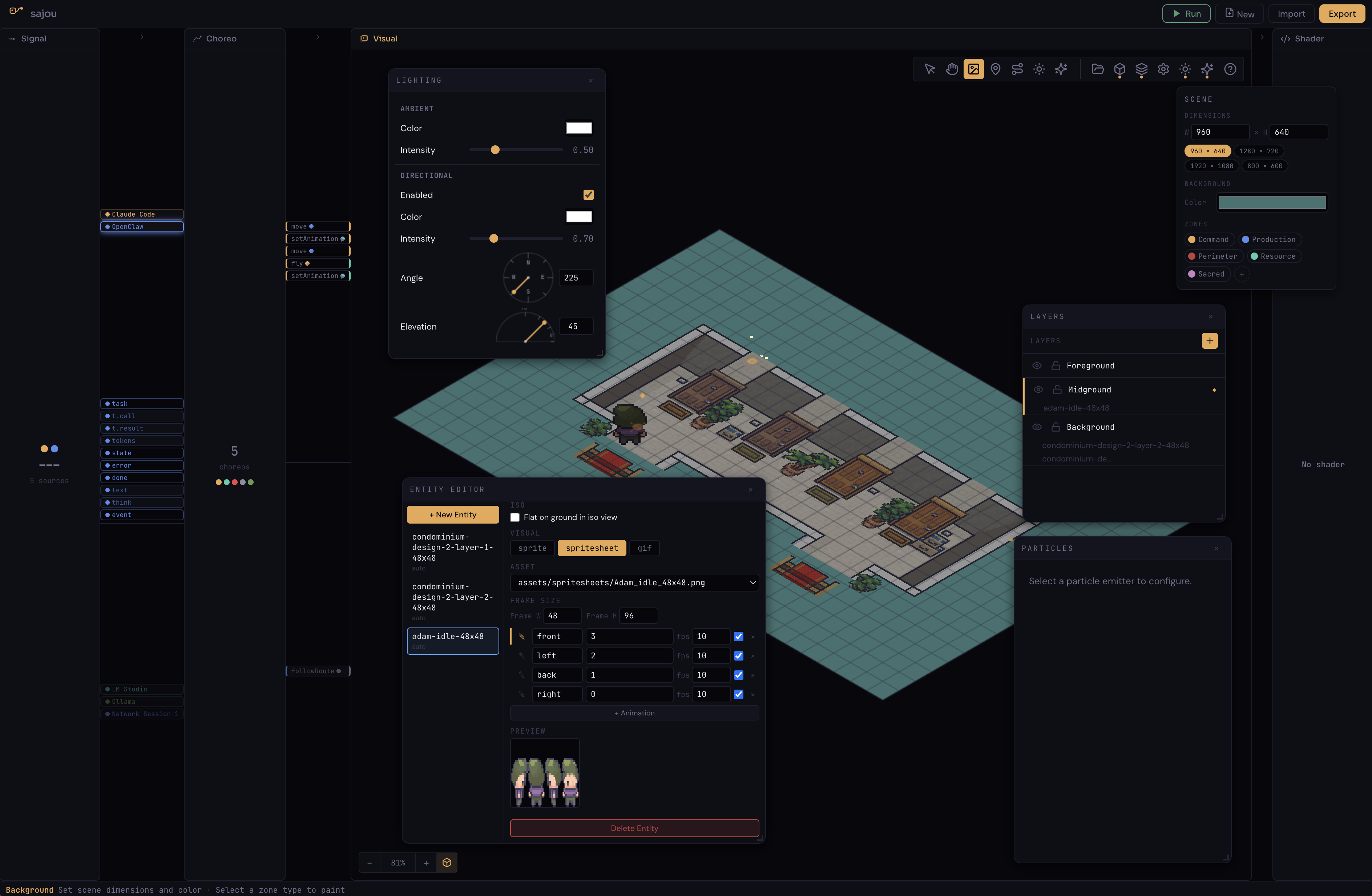 Full workspace with spritesheet preview, lighting controls, and isometric scene
